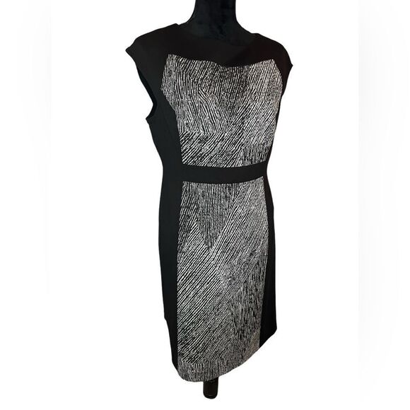 ANNE KLIEN GEOMETRIC SHEATH DRESS BLACK & IVORY WOMENS SIZE 8 CLASSIC CAREER - Picture 4 of 5
